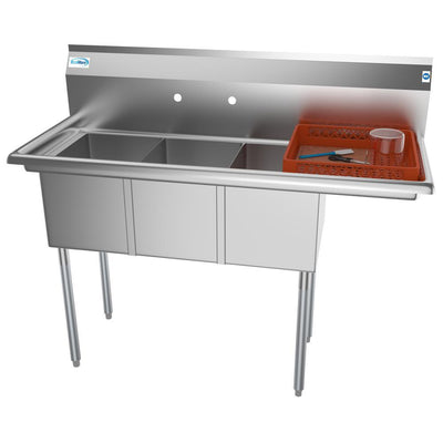 Freestanding Stainless Steel 51 in. 2-Hole Triple Bowl Commercial Kitchen Sink Right Drainboard - Super Arbor