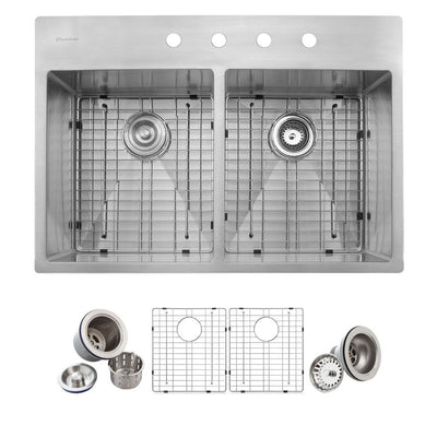 Drop-in Stainless Steel 33 in. 4-Hole Double Bowl 50/50 Kitchen Sink Kit in Satin - Super Arbor