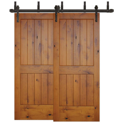72 in. x 80 in. Bypass Rustic 2-PNL V-Groove Solid Core Knotty Alder Sliding Barn Door with Bronze Hardware Kit - Super Arbor