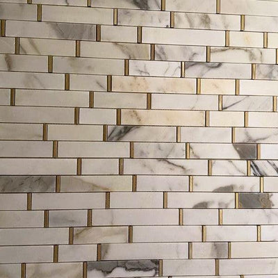 GBI Tile & Stone Inc. Mattone Calacatta, White 12-in x 12-in Polished Natural Stone Marble Linear Mosaic Wall Tile - Super Arbor