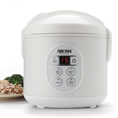 8-Cup White Digital Rice Cooker in Black Control Panel - Super Arbor