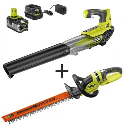 RYOBI ONE+ 100 MPH 280 CFM 18-Volt Lithium-Ion Cordless Jet Fan Leaf Blower and Hedge Trimmer with 4 Ah Battery and Charger - Super Arbor