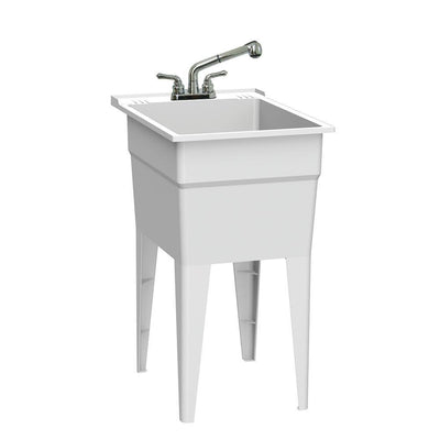 18 in. x 24 in. Polypropylene White Laundry Sink with 2 Hdl Non Metallic Pullout Faucet and Installation Kit - Super Arbor