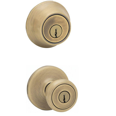 Tylo Antique Brass Entry Door Knob and Single Cylinder Deadbolt Combo Pack with Microban Antimicrobial Technology - Super Arbor