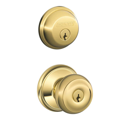 Schlage Georgian Bright Brass Knob and Single Cylinder Deadbolt ANSI Grade 2 1-3/4 in.