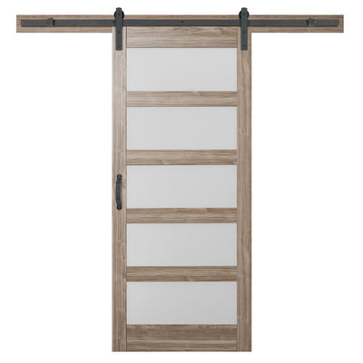 36 in. x 84 in. 5 Equal Lites with Frosted Glass Ash Gray Interior Sliding Barn Door Slab with Hardware Kit - Super Arbor