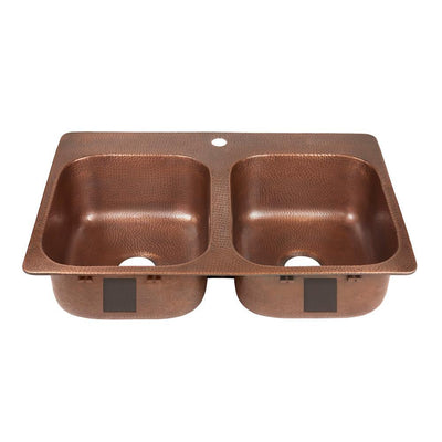 Santi Drop-In Handmade Pure Solid Copper 33 in. 50/50 1-Hole Double Bowl Copper Kitchen Sink in Antique Copper - Super Arbor