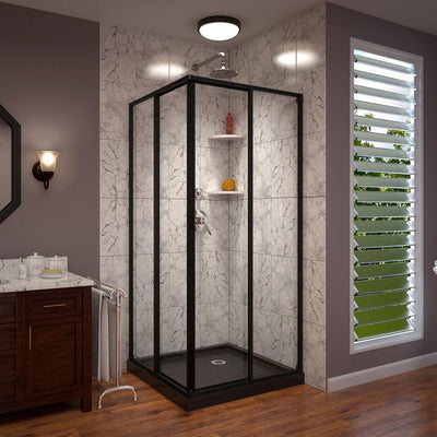 Cornerview 34 in. W x 72 in. H Framed Sliding Shower Door in Satin Black with 36 in. x 36 in. Base in Black - Super Arbor