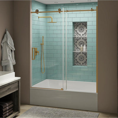 Coraline XL 56 - 60 in. x 70 in. Frameless Sliding Tub Door with StarCast Clear Glass in Brushed Gold, Left Opening - Super Arbor