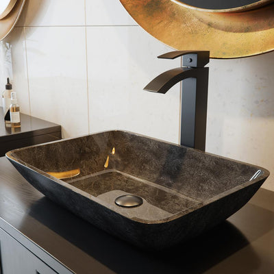 VIGO Rectangular Gray Onyx Glass Vessel Bathroom Sink Set with Duris Vessel Faucet in Matte Black - Super Arbor