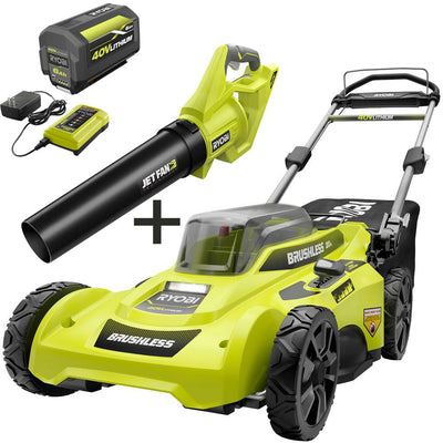 RYOBI 20 in. 40-Volt Brushless Lithium-Ion Cordless Battery Walk Behind Push Lawn Mower & Blower with 6.0 Ah Battery & Charger