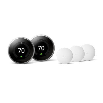 Nest Learning Thermostat 3rd Gen in Stainless Steel (2-Pack) and Google Nest Temperature Sensor (3-Pack) - Super Arbor
