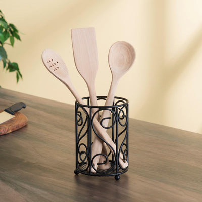 Scroll Collection Black Steel Cutlery Holder with Mesh Bottom and Non-Skid Feet - Super Arbor