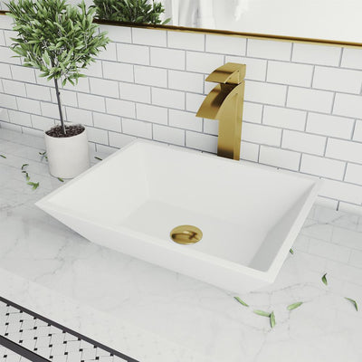 Vinca Matte Stone Vessel Bathroom Sink in White with Duris Faucet in Matte Gold - Super Arbor
