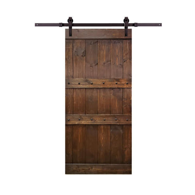 Clavos Series 36 in. x 84 in. Brown Stained Solid Pine Wood Interior Sliding Barn Door with Sliding Door Hardware Kit - Super Arbor