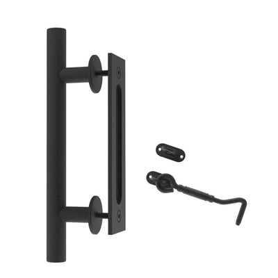 12 in. Steel Black Powered Ladder Sliding Barn Door Handle with Hook Lock Latch - Super Arbor