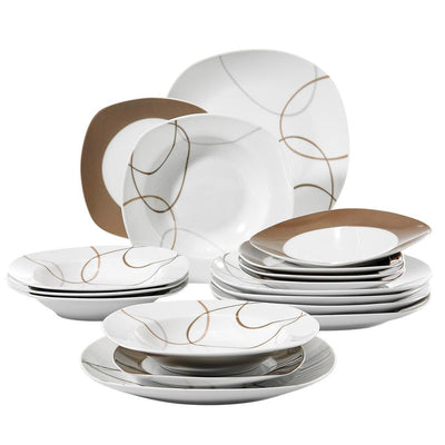 Nikita 18-Piece Casual Ivory White With Brown Lines Porcelain Dinnerware Set (Service for 6) - Super Arbor