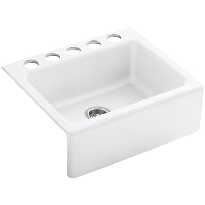 Alcott Undermount Farmhouse Apron-Front Fireclay 25 in. 5-Hole Single Bowl Kitchen Sink in White - Super Arbor