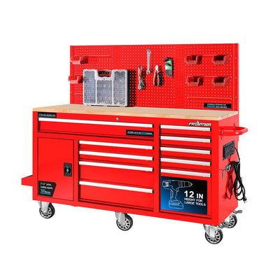 62 in. 10-Drawer Tool Chest Cabinet with Pegboard Back Wall Heavy-Duty Mobile Workbench in Red - Super Arbor