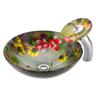 ANZZI Impasto Series Vessel Sink in Hand Painted Mural with Matching Chrome Waterfall Faucet - Super Arbor
