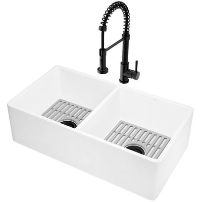 Matte Stone White Composite 36 in. Double Bowl Flat Farmhouse Kitchen Sink with Faucet in Black, Strainers and Grids - Super Arbor