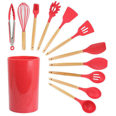 Red Silicone and Wood Cooking Utensils (Set of 12) - Super Arbor