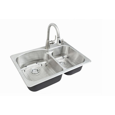 All-in-One Dual Mount Stainless Steel 33 in. 2-Hole Double Bowl Kitchen Sink Kit with Faucet - Super Arbor