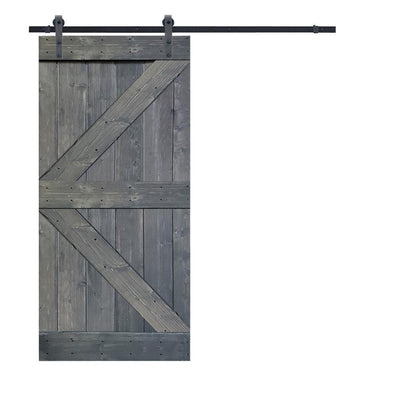 K Series 36 in. x 84 in. Gray Stained Knotty Pine Wood Interior Sliding Barn Door with Hardware Kit - Super Arbor