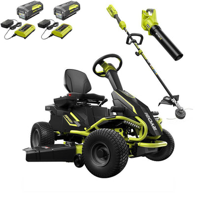 RYOBI 38 in. 75 Ah Battery Electric Rear Engine Riding Lawn Mower and 40-Volt Cordless Attachment Capable Trimmer/Leaf Blower