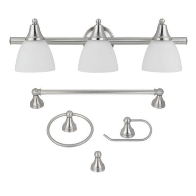 Estorial 3-Light Brushed Nickel Vanity Light with Frosted Glass Shades and Bath Set (4-Piece) - Super Arbor