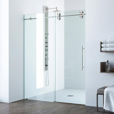 Elan 60 to 64 in. x 74 in. Frameless Sliding Shower Door in Stainless Steel with Clear Glass and Handle - Super Arbor