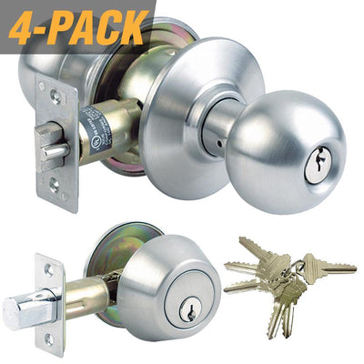 Stainless Steel Grade-3 Entry Door Knob Combo Lock Set with Deadbolt and 24 SC1 Keys Total, (4-Pack, Keyed Alike) - Super Arbor