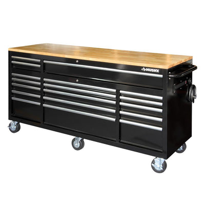 72 in. 18-Drawer Mobile Workbench with Solid Wood Top, Black