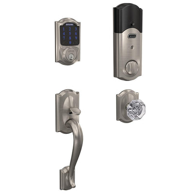 Camelot Connect Z-Wave Plus Smart Deadbolt in Satin Nickel with Alarm and Custom Alexandria Glass Knob Handleset - Super Arbor