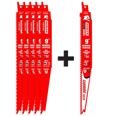 9 in. 8/14 TPI General Purpose Reciprocating Saw Blades (5-Pack) with Bonus 9 in. General Purpose Carbide Blade - Super Arbor