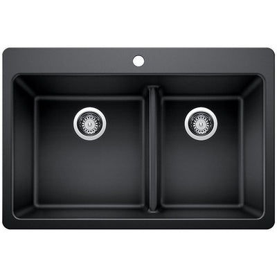 Glacier Bay Drop-in/Undermount Granite Composite 33 in. 1-Hole 60/40 Double Bowl Kitchen Sink with Low Divide in Black - Super Arbor