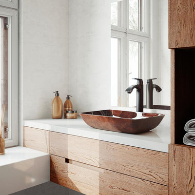 VIGO 18 Rectangular Russet Glass Vessel Bathroom Sink Set With Linus Vessel Faucet In Antique Rubbed Bronze - Super Arbor