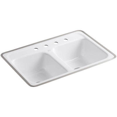 Delafield Tile-In Cast Iron 32 in. 4-Hole Double Bowl Kitchen Sink in White - Super Arbor