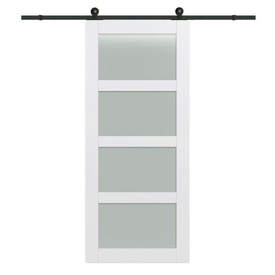 42 in. x 84 in. Shaker 4-Lite Frosted Glass Primed MDF Sliding Barn Door with Top Mount Hardware Kit - Super Arbor