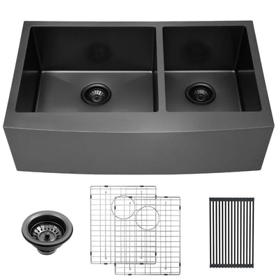 Stainless Steel 33 in. Gunmetal Black Double Bowl Farmhouse Apron Front Kitchen Sink 60/40 16-Gauge Farm Sink - Super Arbor