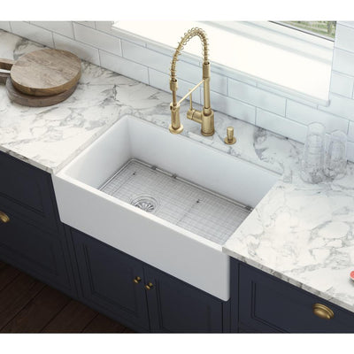 30 in. Single Bowl Farmhouse Fireclay Kitchen Sink with Left Offset Drain in White - Super Arbor