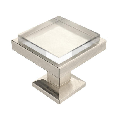 Classic Square 1 -1/4 in. (32 mm) Satin Nickel and Clear Glass with Mirror Backing Cabinet Knob - Super Arbor