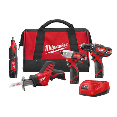 M12 12-Volt Lithium-Ion Cordless Combo Tool Kit (4-Tool) with (3) 1.5Ah Batteries, (1) Charger, (1) Tool Bag - Super Arbor