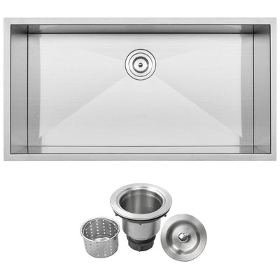 Pacific Zero Radius Undermount 16-Gauge Stainless Steel 36 in. Single Basin Kitchen Sink with Basket Strainer - Super Arbor