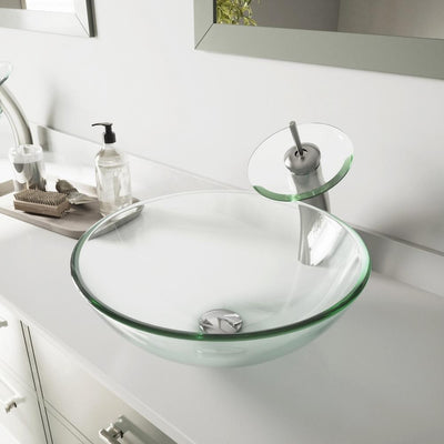VIGO Glass Vessel Bathroom Sink in Clear Crystalline Glass with Waterfall Faucet Set in Brushed Nickel - Super Arbor