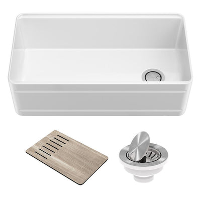 Turino 33 in. White Fireclay Single Bowl Farmhouse Apron Workstation Kitchen Sink with Accessories - Super Arbor