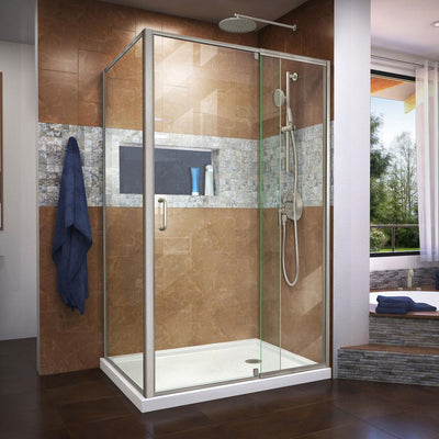 Flex 48 in. x 72 in. Semi-Frameless Pivot Shower Door in Brushed Nickel Finish with 48 in. x 36 in. Base in White - Super Arbor