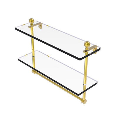 Mambo Collection 16 in. Two Tiered Glass Shelf with Integrated Towel Bar in Unlacquered Brass - Super Arbor