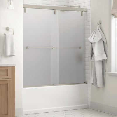 Everly 60 in. x 59-1/4 in. Mod Semi-Frameless Sliding Bathtub Door in Nickel and 1/4 in. (6mm) Niebla Glass - Super Arbor