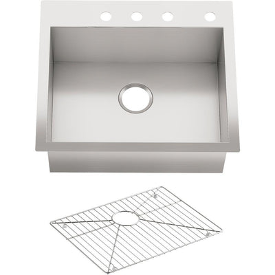 Vault Dual Mount Stainless Steel 25 in. 4-Hole Single Bowl Kitchen Sink Kit with Basin Rack - Super Arbor